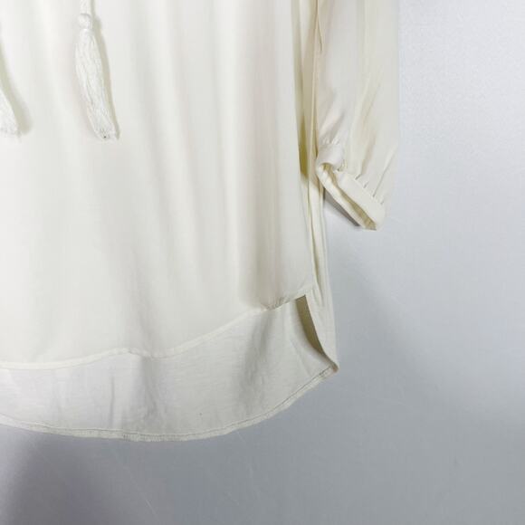 LOFT Ivory XSmall XS Tie Front Blouse Top Quilted Detail Yoke 3/4 Sleeve - Picture 4 of 8